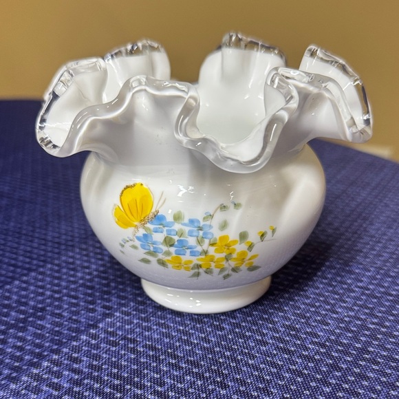 Fenton Other - Fenton silvercrest signed white vase ruffled edge floral and butterfly design 4”